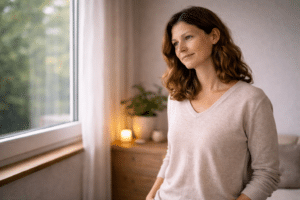 Persoon staat rustig bij een raam in een warme huiselijke omgeving en ervaart ontspanning en emotionele verlichting na een reiki behandeling.
