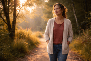 Persoon wandelt rustig door natuurlijke omgeving in zacht zonlicht en ervaart emotionele verlichting na rouwverwerking met reiki
