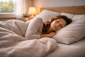 Persoon slaapt rustig in een comfortabel bed met ontspannen houding en zachte ochtendlichtinval na een ontspannende reiki behandeling