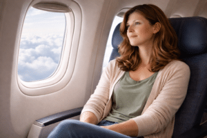 Persoon zit ontspannen bij het raam in een vliegtuig en kijkt rustig naar de wolken na het overwinnen van vliegangst.