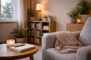 Rustige therapieruimte met comfortabele stoel, zachte deken en notitieboek op tafeltje in warme sfeerverlichting