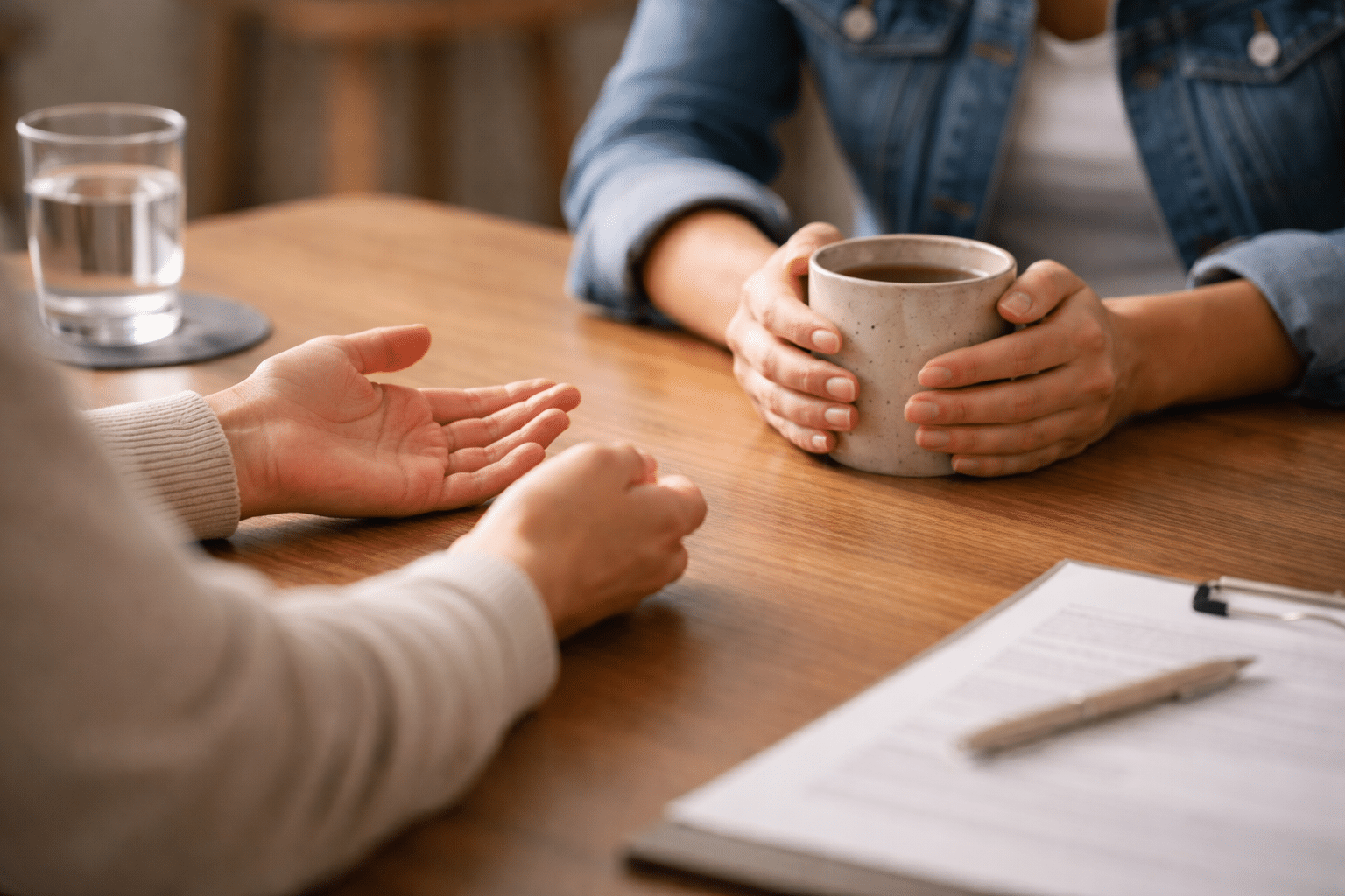 Twee paar handen aan een houten tafel tijdens een rustig therapiegesprek