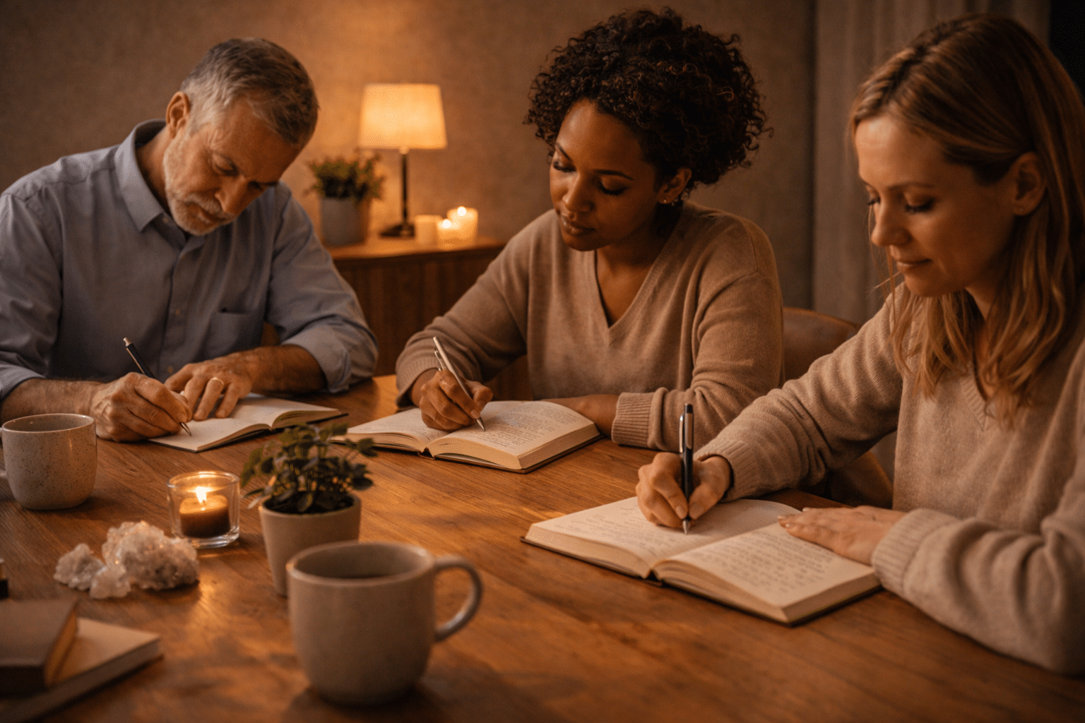 Groepssessie schrijftherapie aan tafel