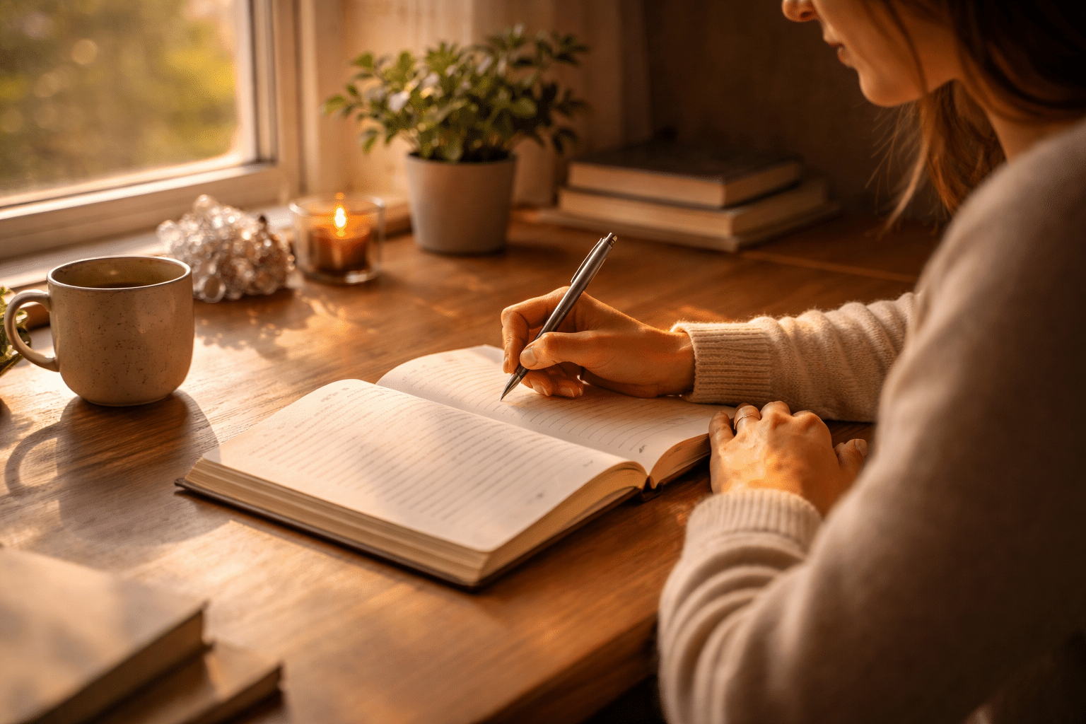 Persoon schrijft dagboek bij schrijftherapie