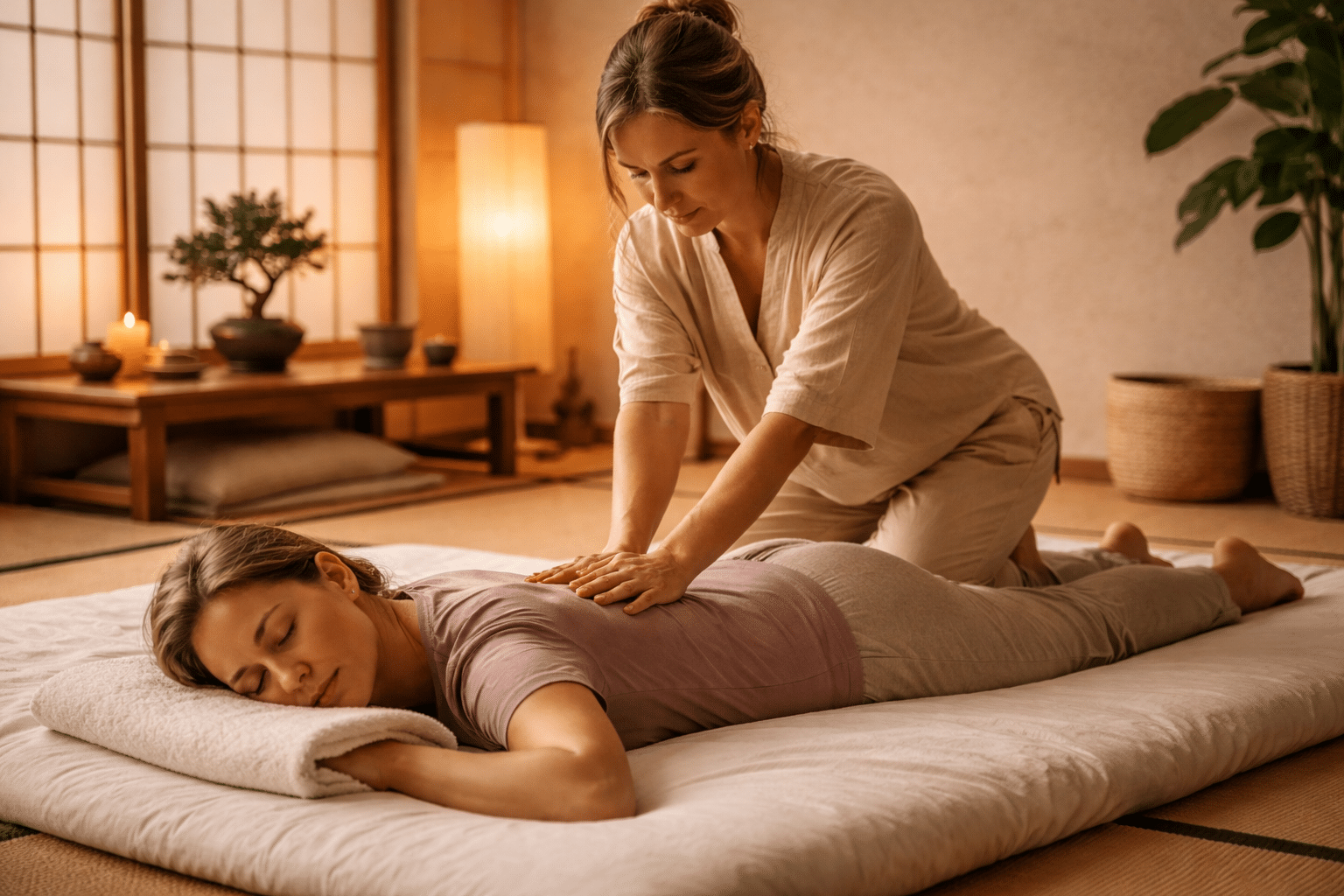 Shiatsu behandeling met drukpunten op de rug
