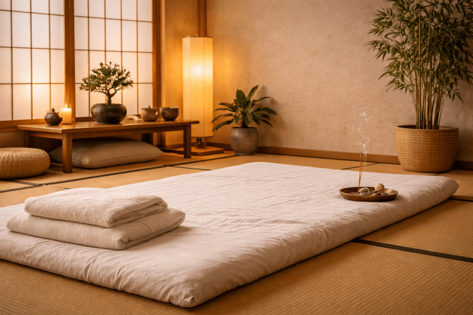 Shiatsu behandelruimte met futon op tatami