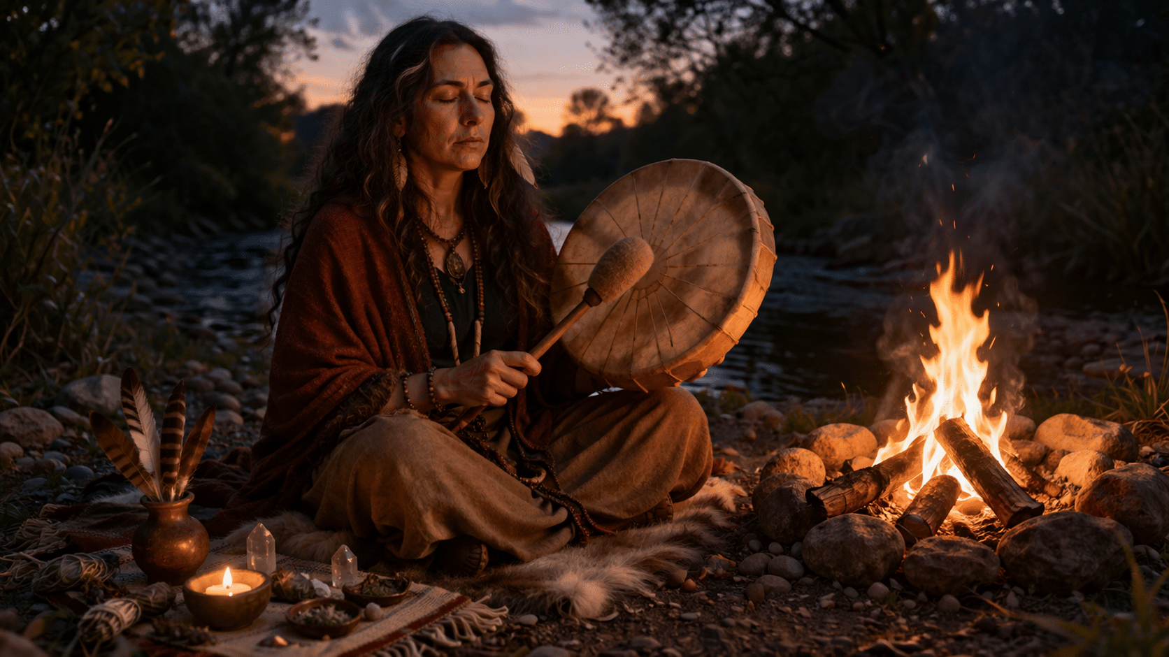 Sjamanistisch therapeut tijdens ceremonie met trommel