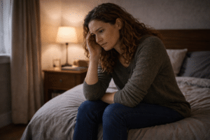 Persoon zit 's nachts wakker op de rand van het bed en ervaart piekergedachten en emotionele spanning door traumatische herinneringen.