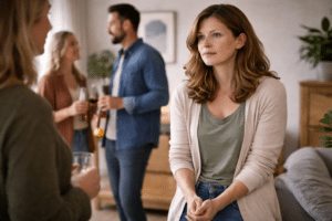 Persoon staat ongemakkelijk tijdens een kleine sociale bijeenkomst terwijl anderen met elkaar praten, situatie die sociale angst en onzekerheid in groepen laat zien.