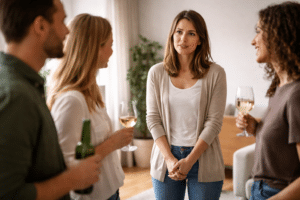 persoon staat gespannen in een kleine sociale groep met onzekere houding terwijl anderen ontspannen met elkaar praten