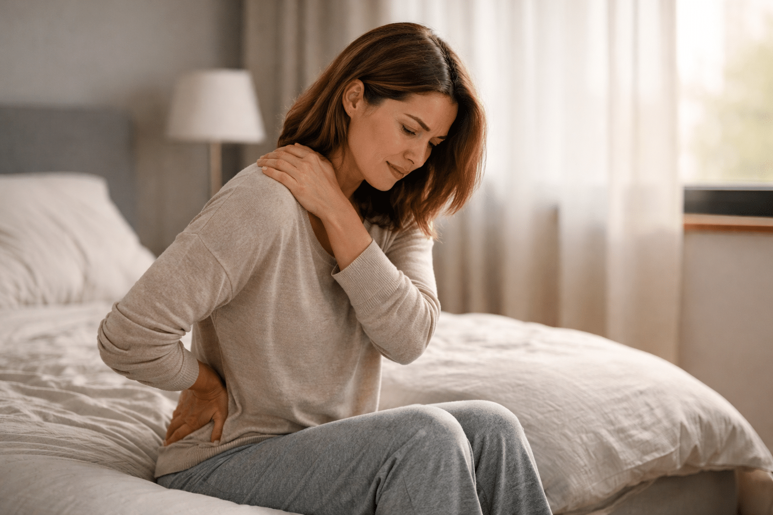 Vrouw zit op de rand van het bed met hand op haar schouder en kijkt bedachtzaam in het ochtendlicht