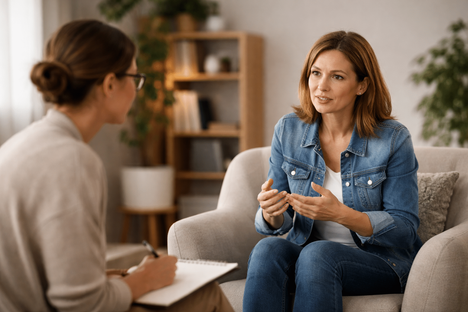 Vrouw vertelt haar verhaal aan een therapeut in een warme, moderne praktijkruimte