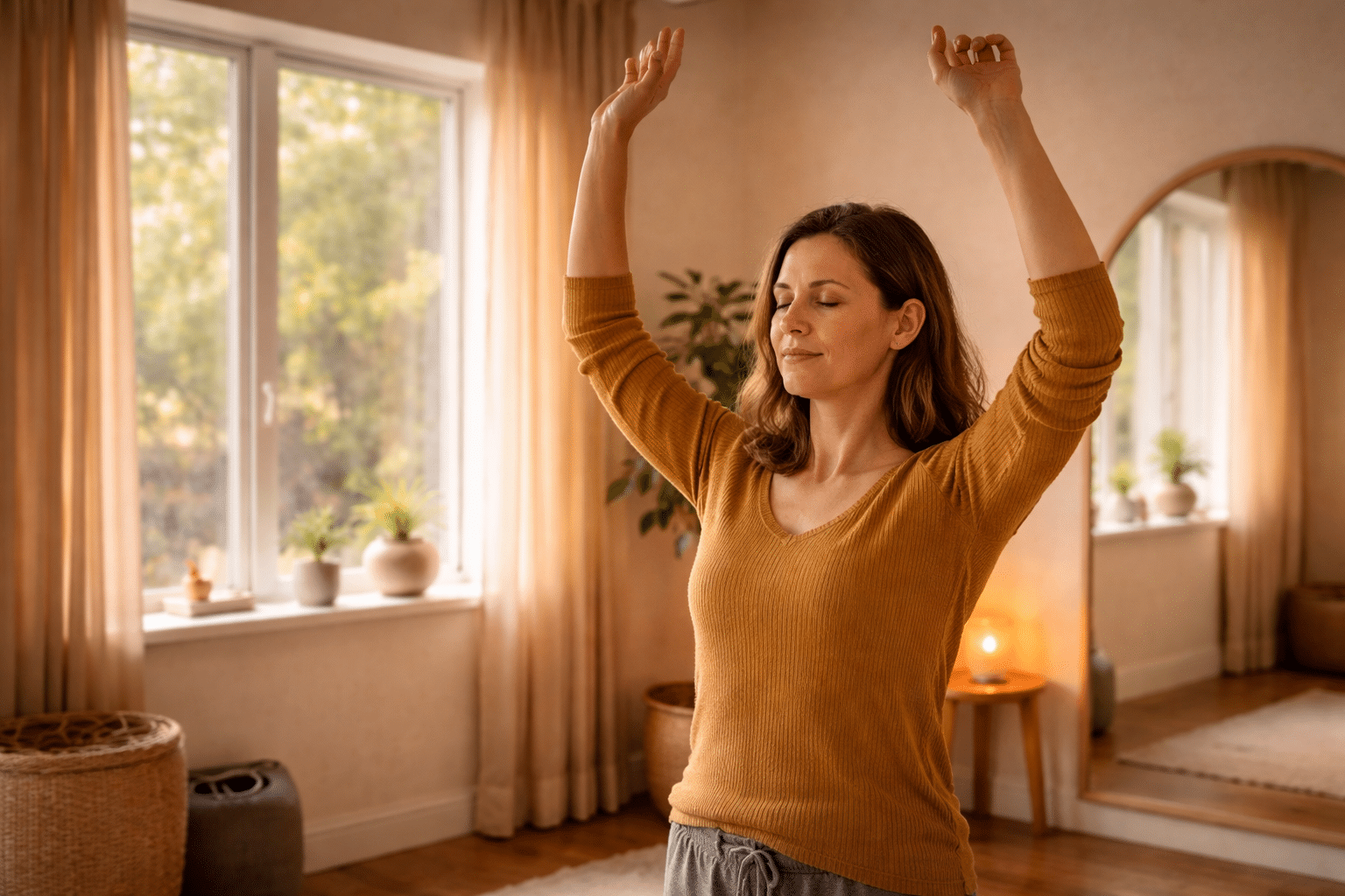 Bewegingsoefening tijdens somatisch werk in ochtendlicht