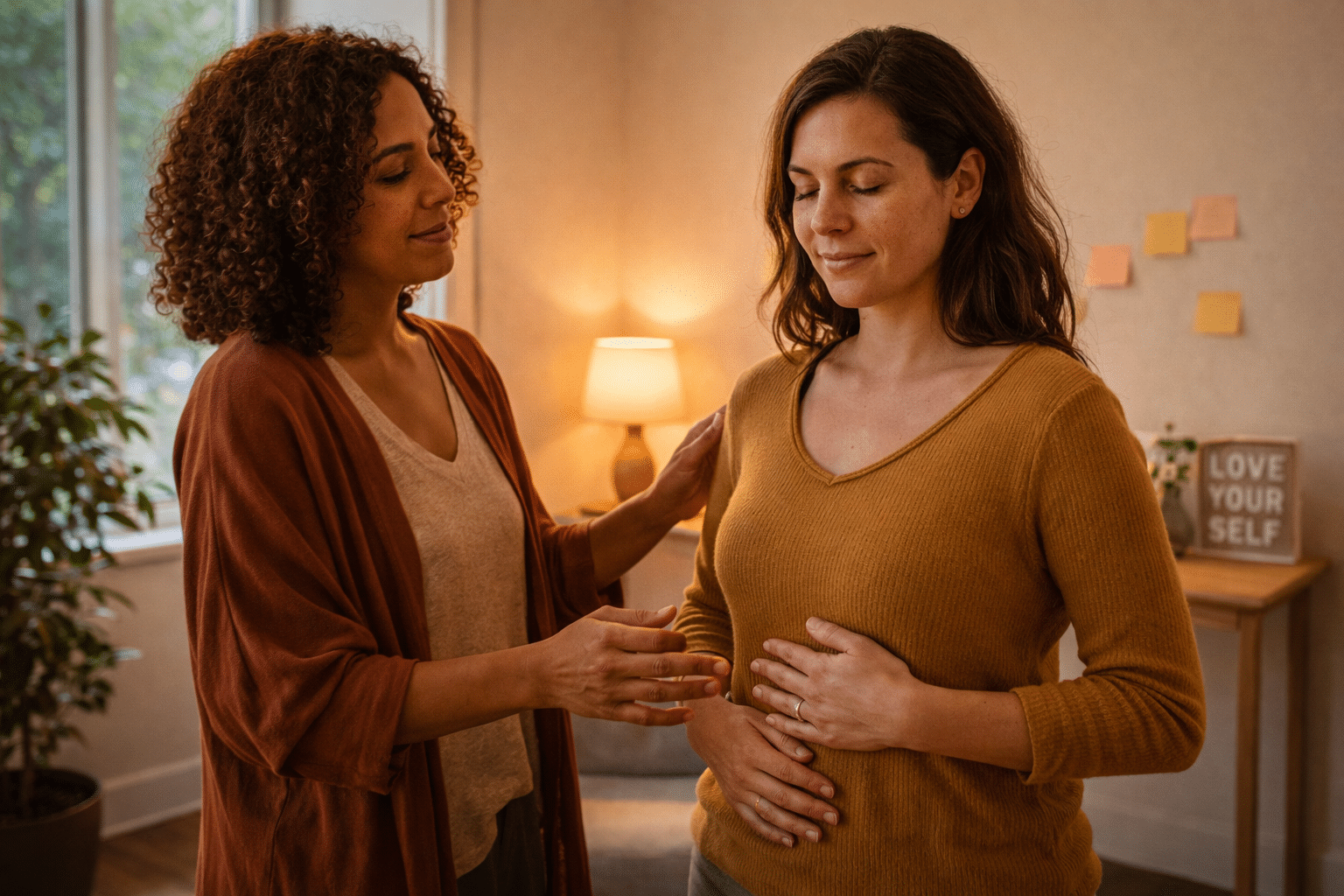 Somatisch therapeut begeleidt cliënt bij lichaamsbewustzijn