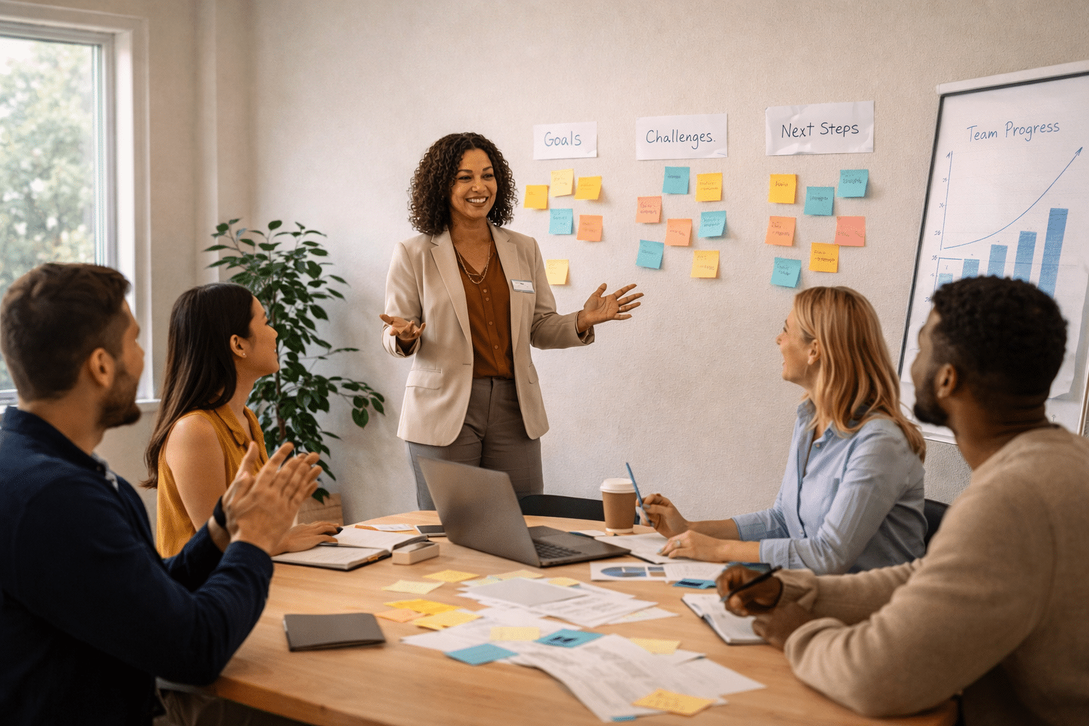 Teamcoach begeleidt een teamsessie in een vergaderruimte