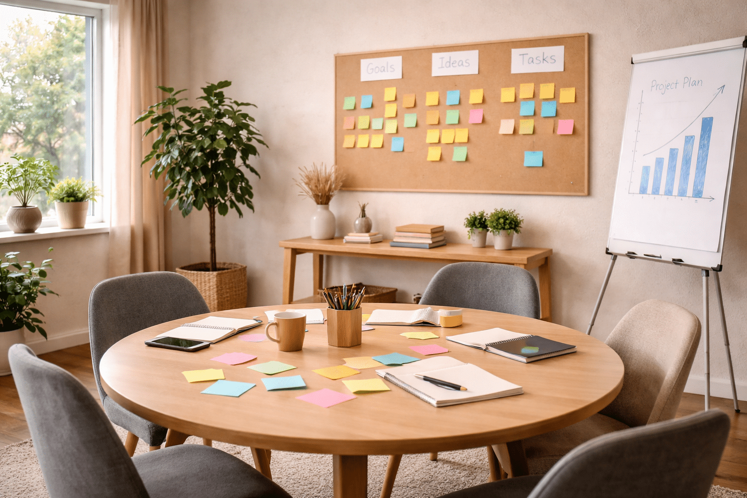 Vergaderruimte met post-its en flipchart voor teamcoaching