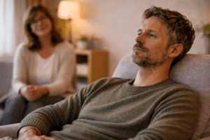 Cliënt zit ontspannen in een stoel tijdens therapiesessie terwijl therapeut op de achtergrond luistert in warme, rustige behandelruimte