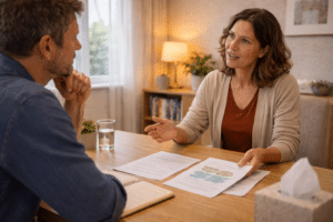 Therapeut bespreekt behandelopties met cliënt tijdens intakegesprek in rustige praktijkruimte