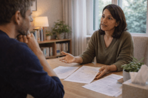 Therapeut bespreekt behandelopties en kostenstructuur met cliënt tijdens intakegesprek in rustige praktijkruimte