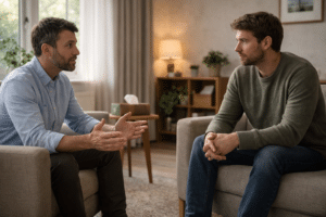 therapeut en cliënt in gesprek tijdens therapiesessie in rustige praktijkruimte met ontspannen en open houding