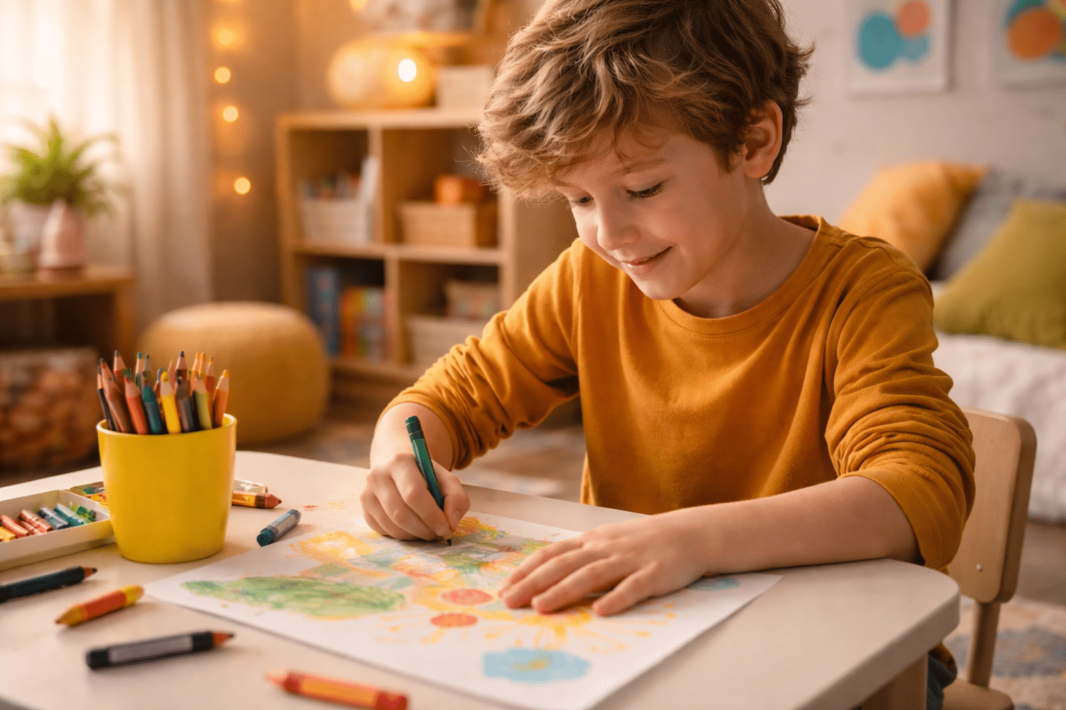 Kind tekent tijdens therapiesessie