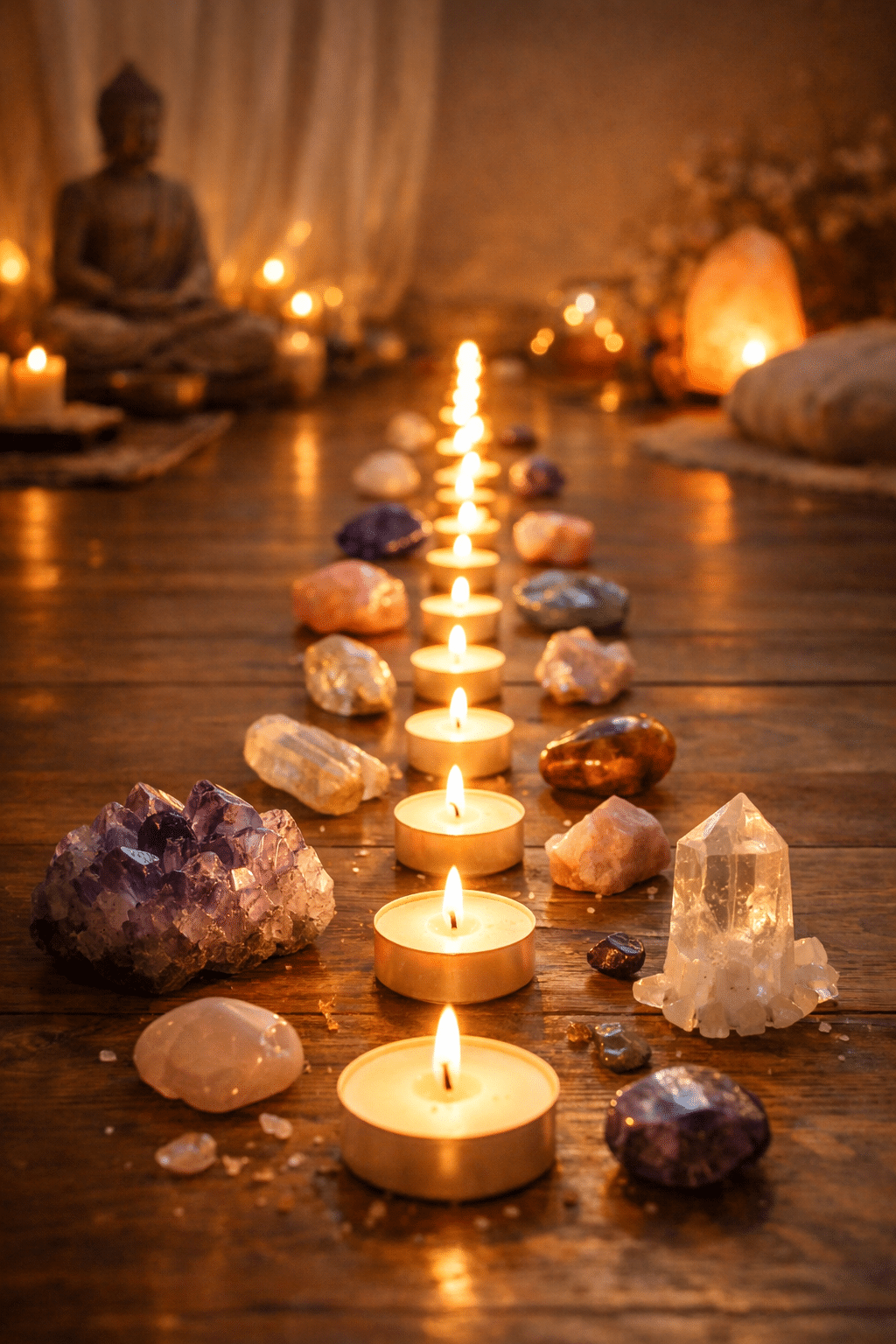 Kaarsenpad met kristallen voor tijdlijn healing ritueel