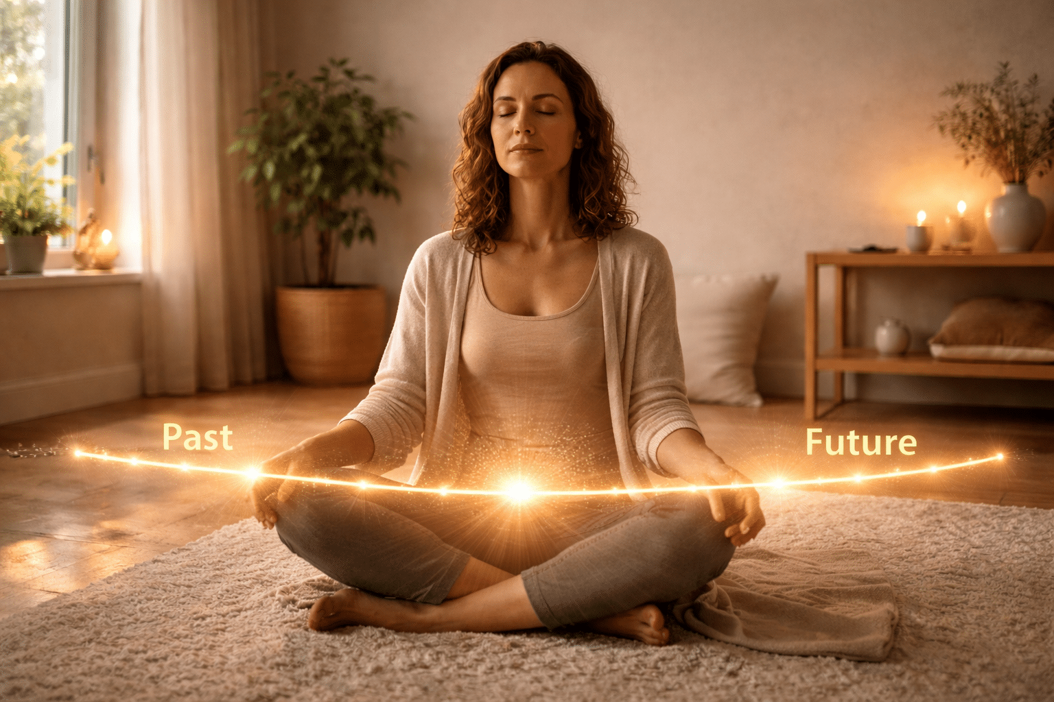 Meditatie met gouden licht tijdens tijdlijn healing sessie