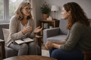 Therapeut legt technieken voor traumaverwerking uit aan een cliënt tijdens een rustige therapiesessie in een behandelkamer.