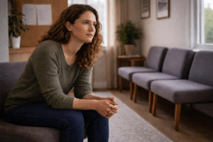 Persoon zit nadenkend in een wachtruimte en ervaart spanning en innerlijke onrust door traumatische gedachten.