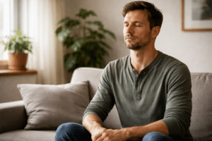 Persoon zit rustig in een lichte ruimte en ademt langzaam, ontspannen houding en kalme uitstraling als teken van herstel na traumatherapie.