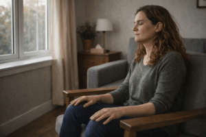 Persoon zit rustig bij een raam na een therapiesessie en neemt een moment voor reflectie en emotionele verwerking.