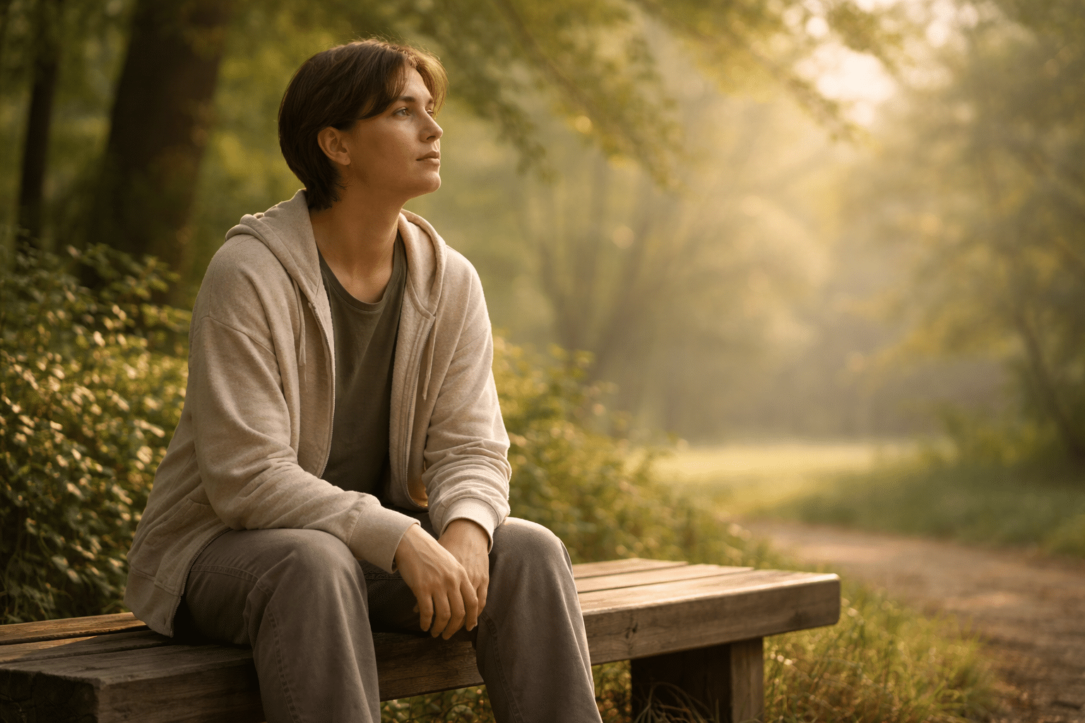 Persoon zit rustig op een bankje in een serene natuur omgeving met zacht ochtendlicht