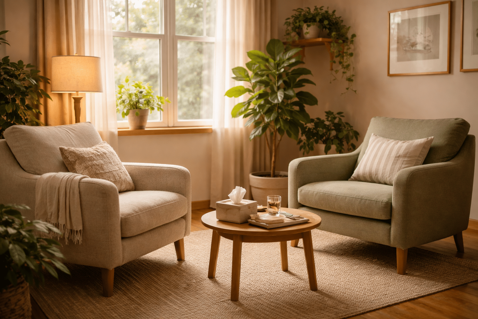 Warme therapieruimte met twee stoelen tegenover elkaar in zacht licht en planten