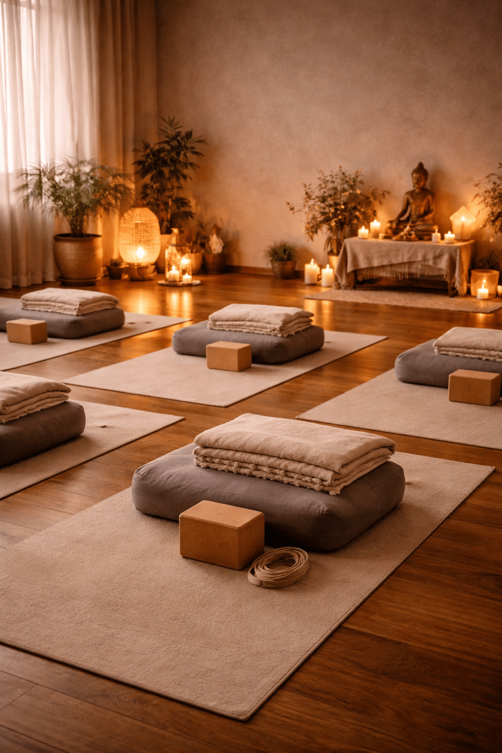 Veilige yogaruimte ingericht voor traumagevoelige sessies