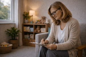 Traumatherapeut zit in een kindvriendelijke praktijkruimte en bekijkt notities en behandelplan in een rustige, warme omgeving