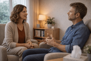 Therapeut en cliënt in een rustig en ondersteunend gesprek tijdens traumatherapie in een warme praktijkruimte