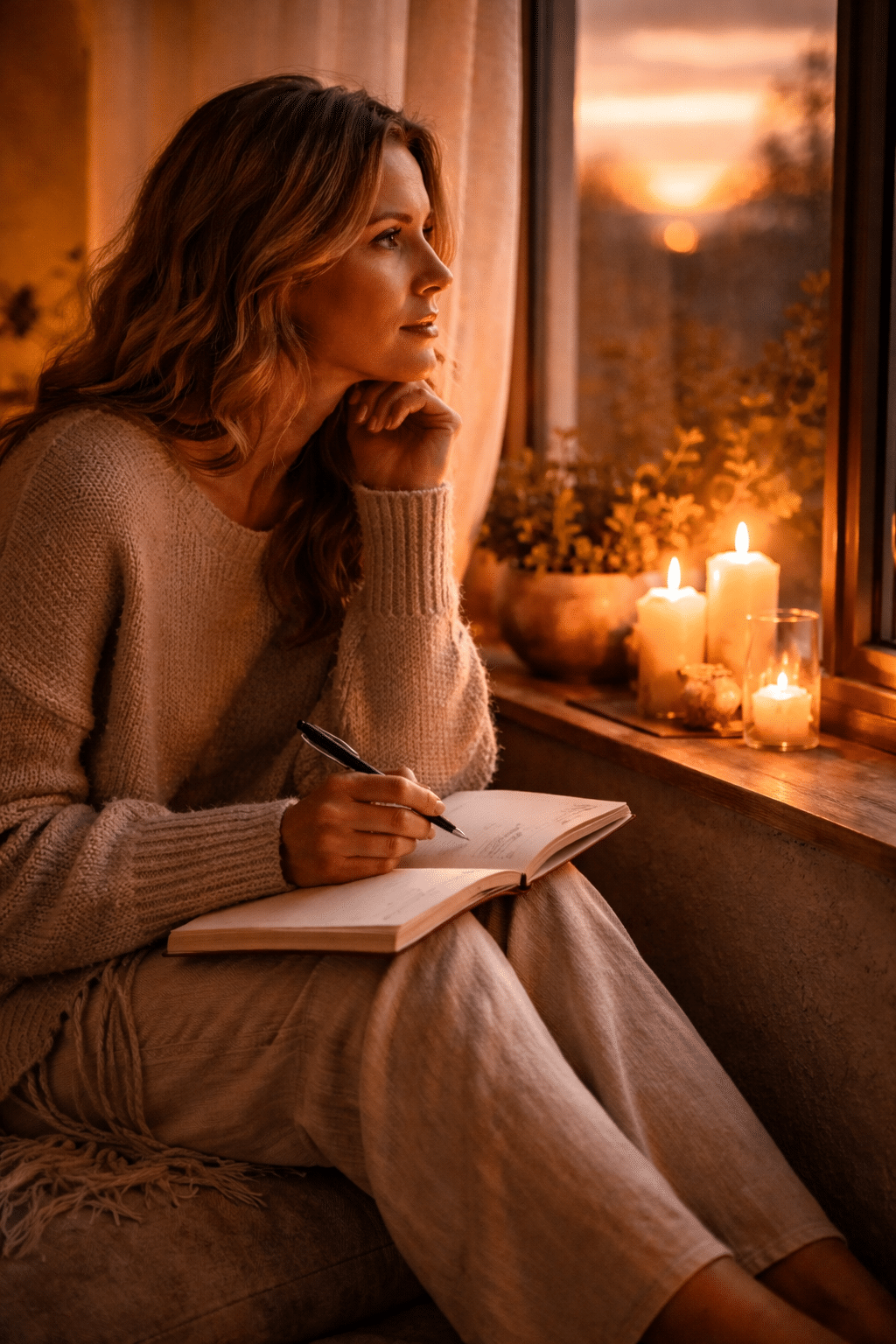 Reflectie bij kaarslicht met dagboek tijdens tweelingziel coaching