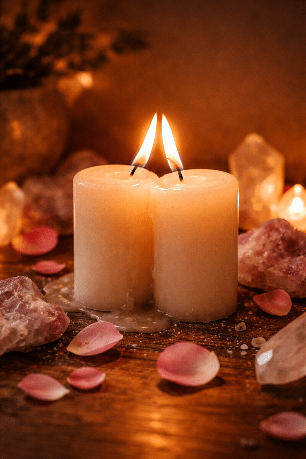 Twee kaarsen en kristallen als symbool voor tweelingzielverbinding