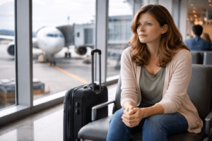 Persoon zit gespannen in wachtruimte van luchthaven en kijkt naar vliegtuig door het raam, situatie die vliegangst en spanning voor een vlucht laat zien.