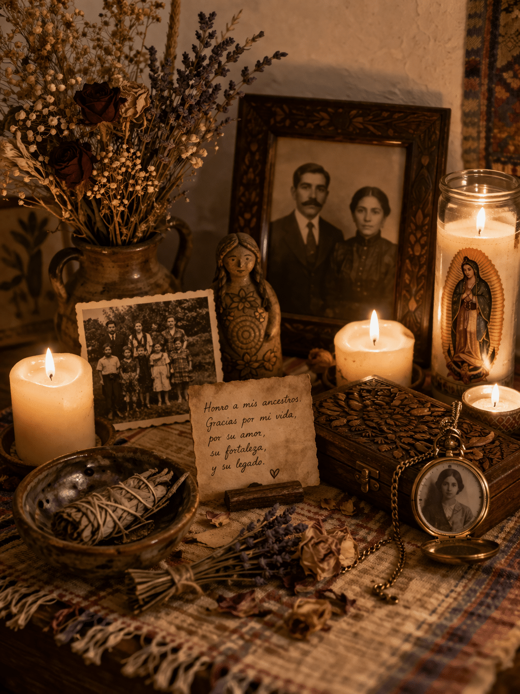 Voorouderlijk altaar met foto's en kaarsen voor regressiesessie