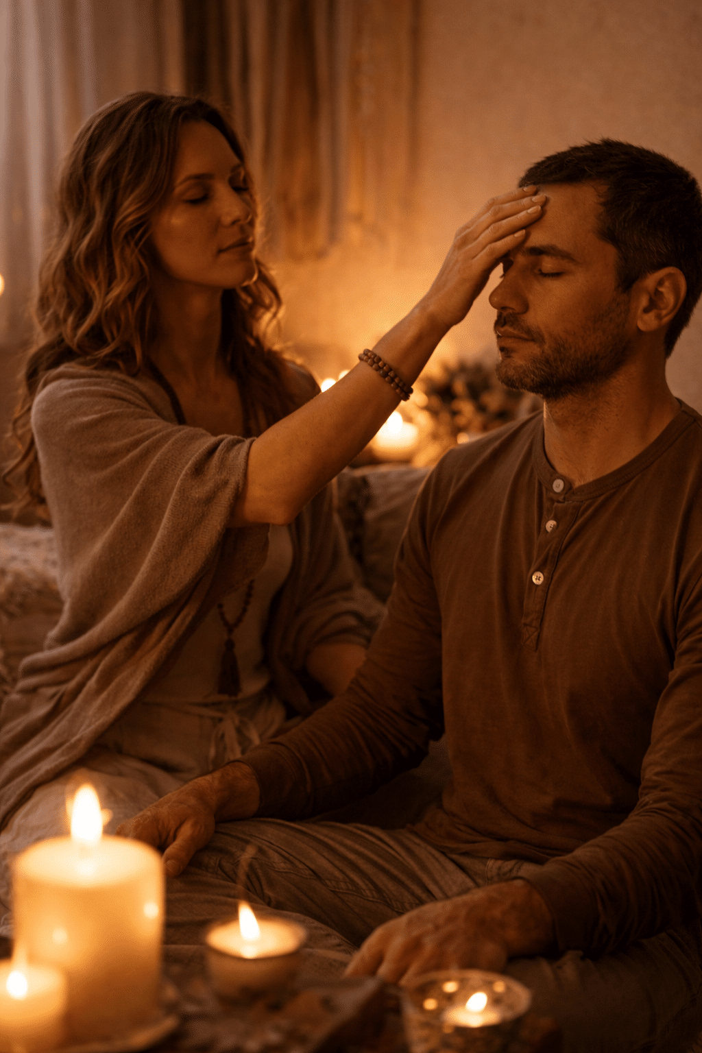 Healer begeleidt cliënt tijdens voorouderlijke regressie sessie