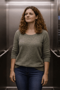 Vrouw staat ontspannen in een lift en straalt rust en herwonnen zelfvertrouwen uit na het overwinnen van angst of claustrofobie