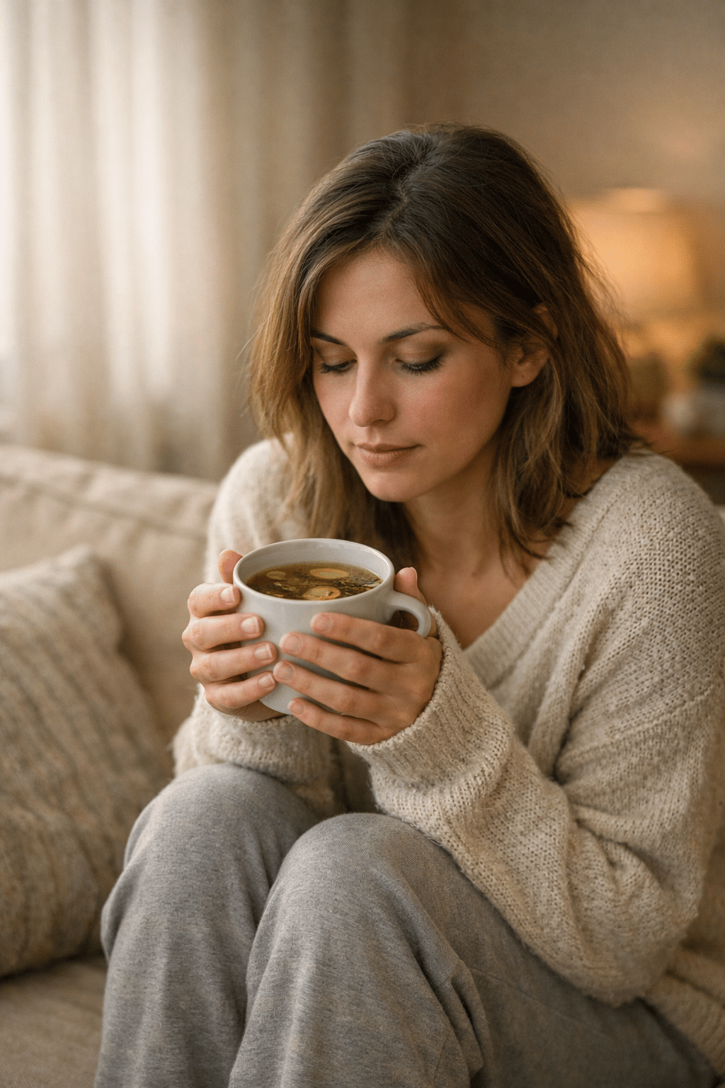 Vermoeide persoon op de bank met een kop thee in een warme woonkamer met zacht licht
