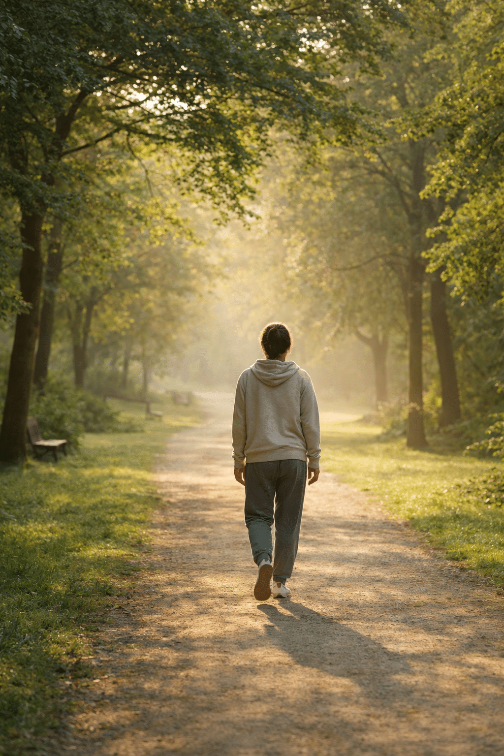 Persoon die rustig wandelt in een groen park in de ochtendzon