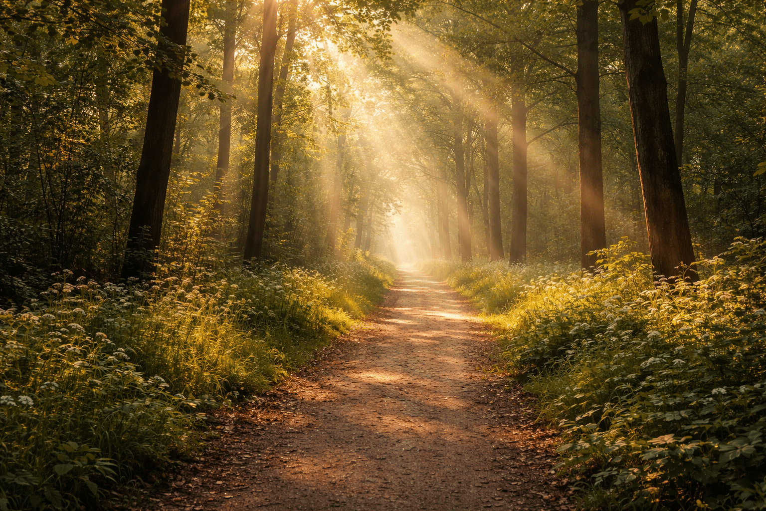 Wandelcoach bospad in ochtendmist met zonnestralen
