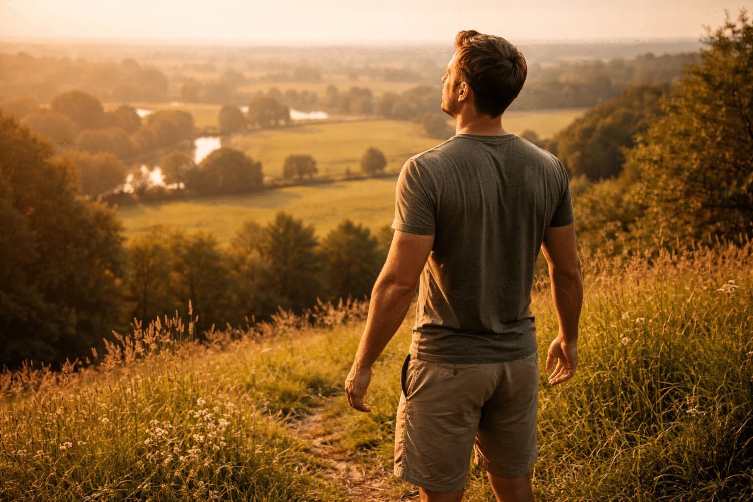 Wandelcoach persoon met uitzicht over groen landschap