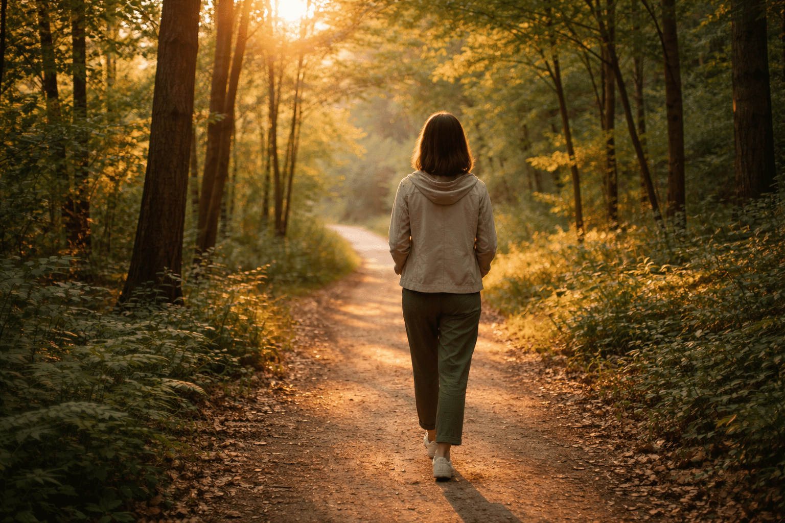 Persoon die alleen wandelt op een bospad tijdens het gouden uur als onderdeel van angstvermindering zonder medicijnen