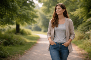 Persoon wandelt rustig in een groene omgeving en straalt herstel, rust en mentale balans uit