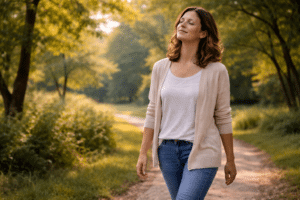 Persoon wandelt ontspannen door groen park na wellness behandeling met rustige uitstraling en hernieuwde energie