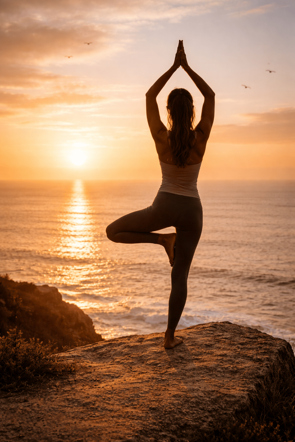 Yogadocent demonstreert boomhouding bij zonsopgang op een klif